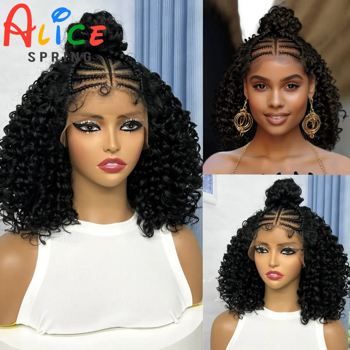 

Synthetic Afro Kinky Curly Braided Lace Wigs Cornrow Braided Wig with Baby Hair Lace Front Knotless Braids Wigs for Black Wome