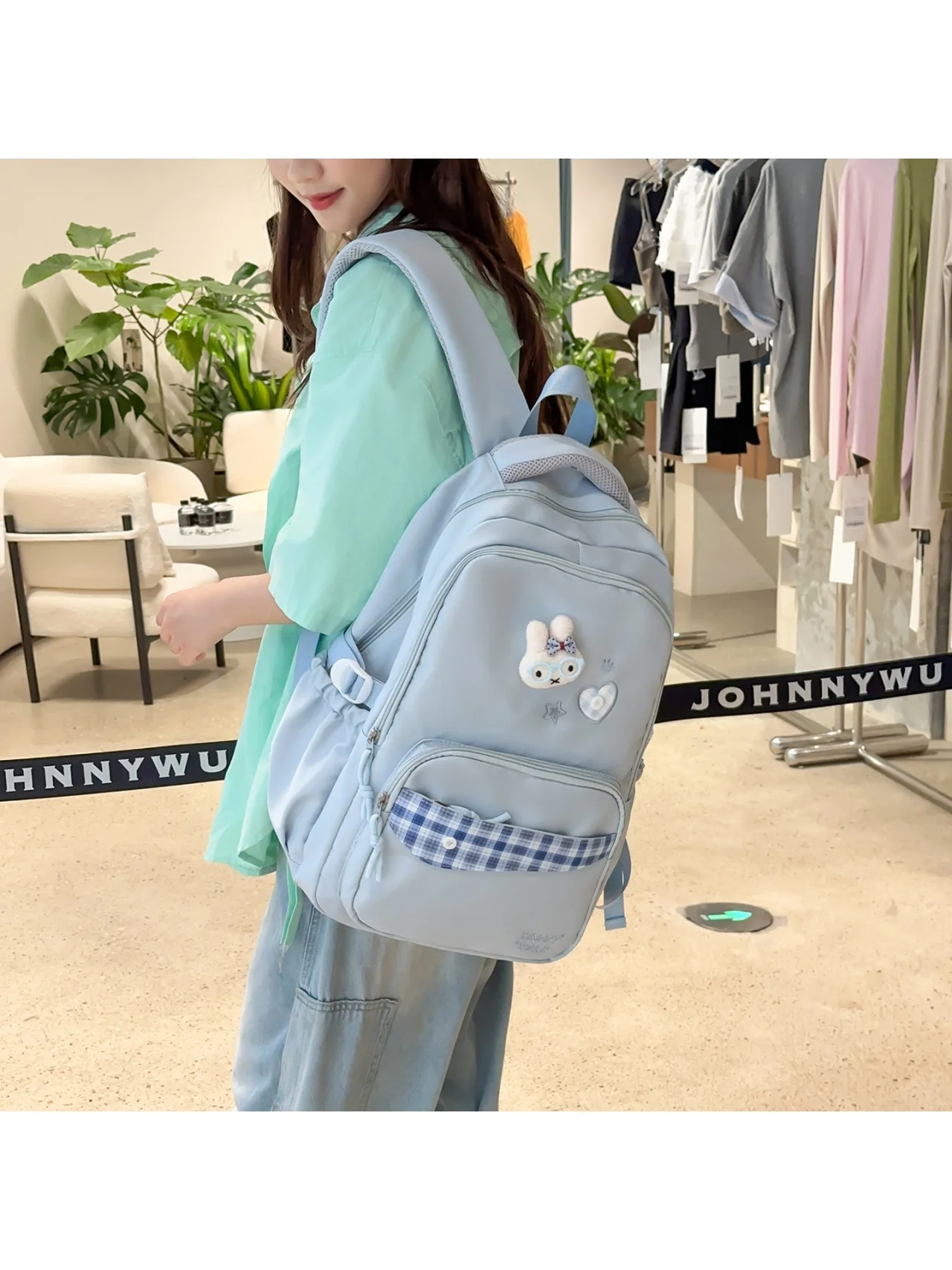かわいいチェック柄大容量軽量バックパック学生用レディースショルダーバッグ韓国風カレッジ風ハート型バッグ