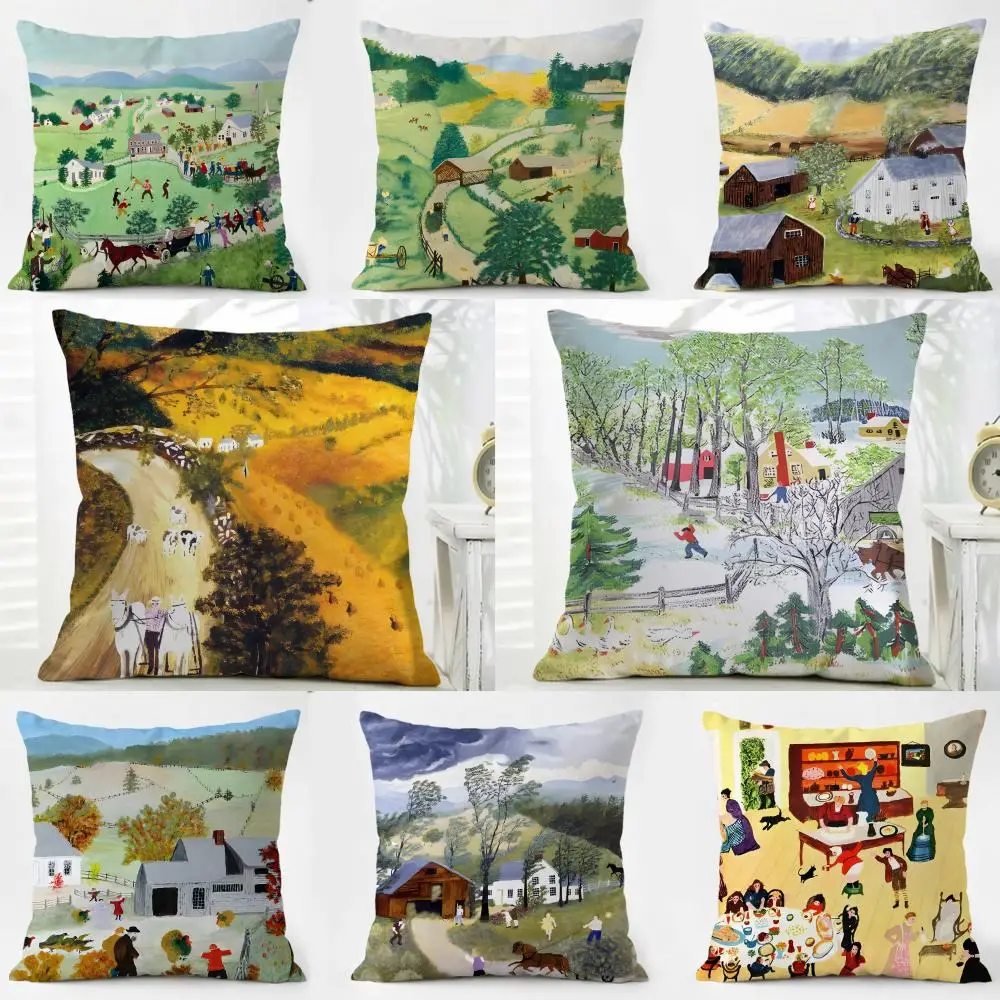 Elegant Cozy Folk Nostalgic M-Moses Art Cushion Cover Washable Linen Pillowcase Soft  for Daily Sofa Bed Home Room Decor