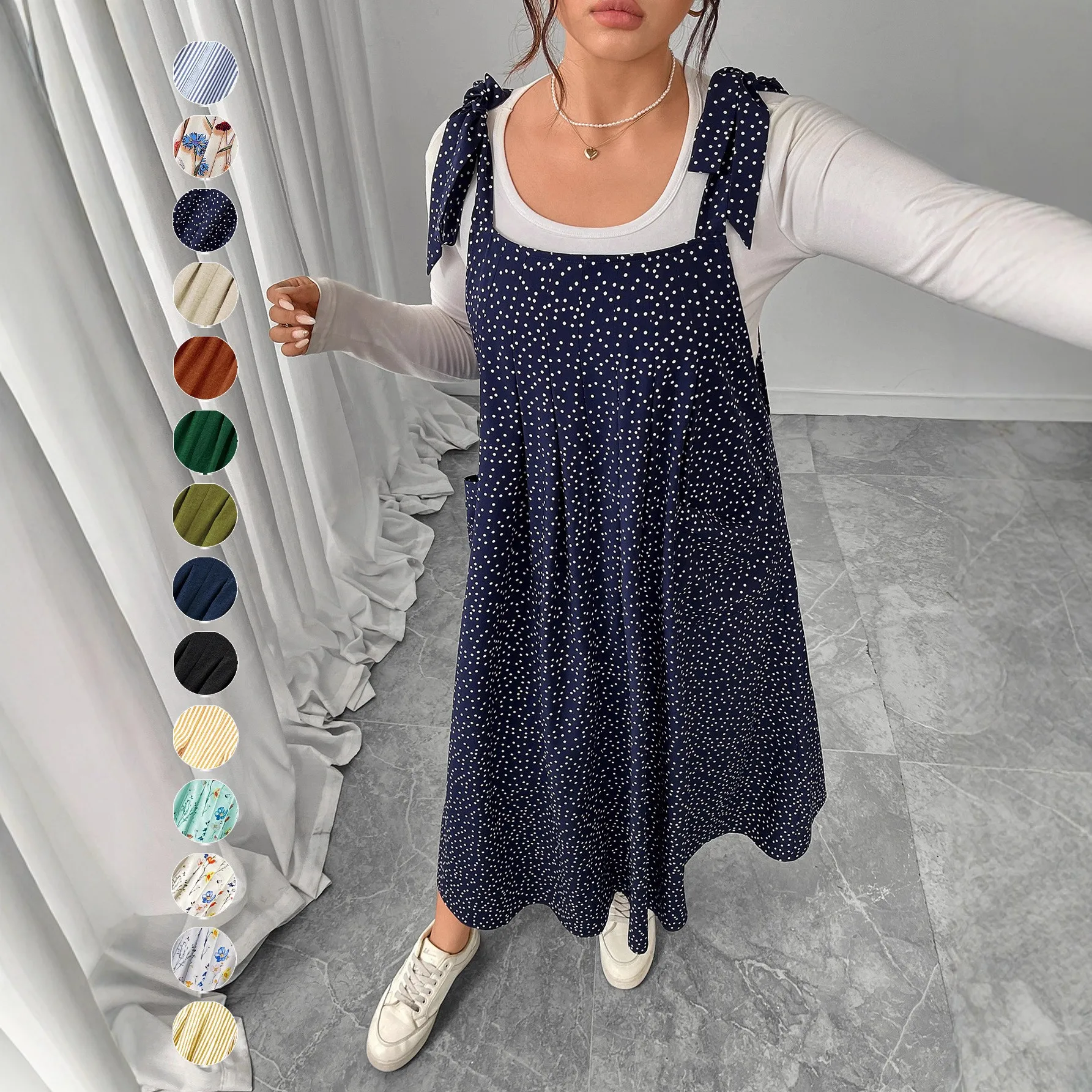 

Summer Dress Woman Elegant Women's Sleeveless Woven Dresses Casual Vacation Maxi Dress Floral Print Navy Blue A Line Silhouette