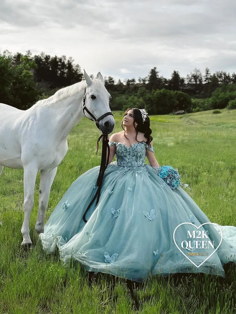 Vestido De baile azul para quinceañera, traje largo De encaje con apliques De princesa, 15 Años De mariposa, 2024