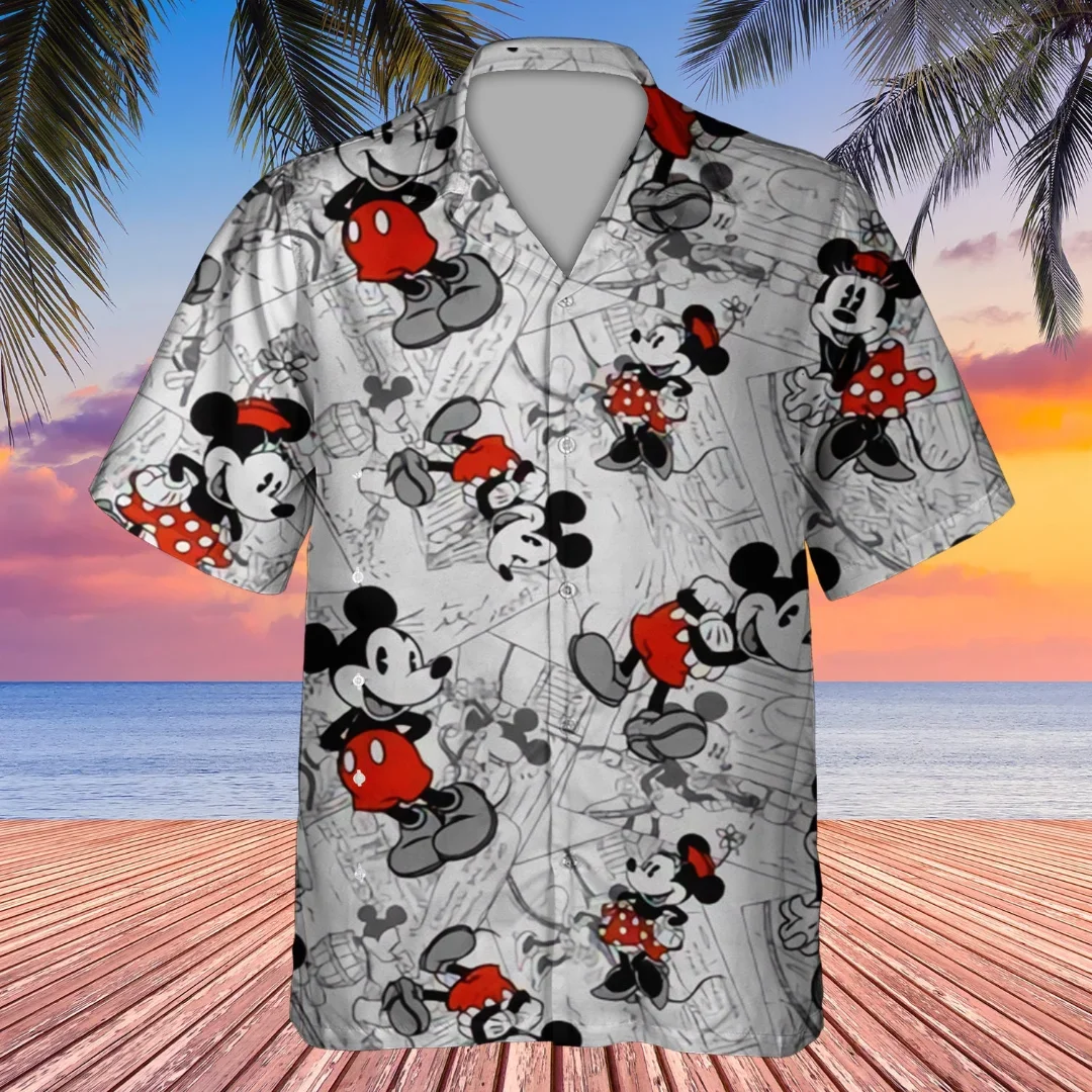 Camisas havaianas masculinas e femininas Mickey e Minnie, camisas casuais de praia manga curta, moda