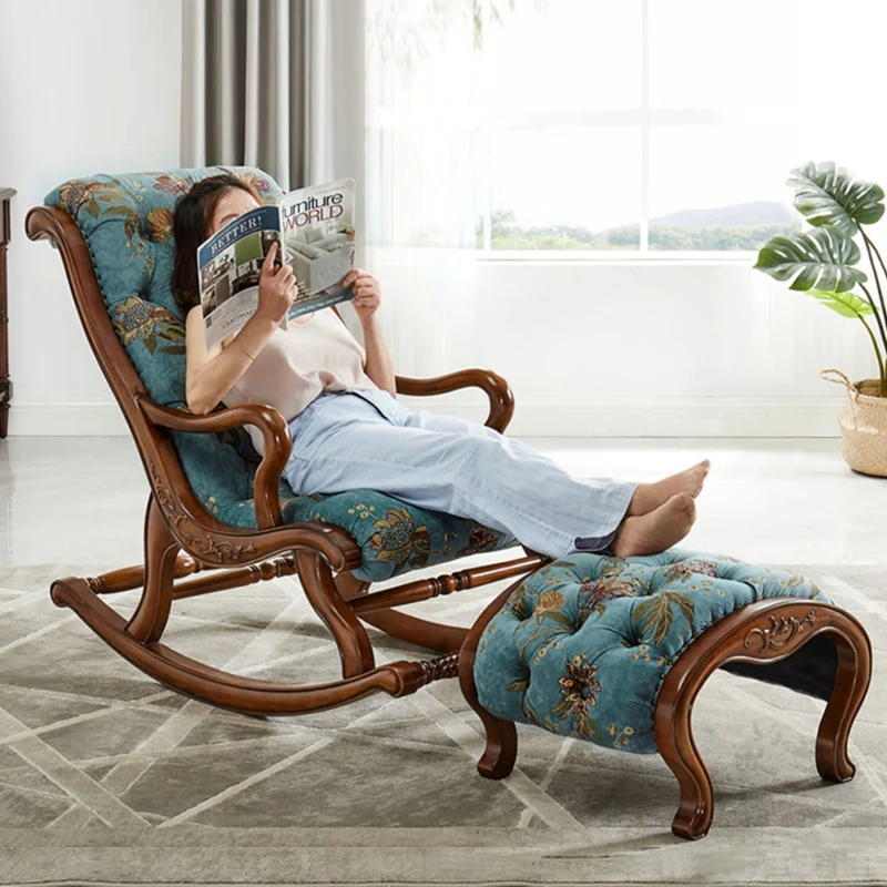 

American solid wood rocking chair balcony casual lunch break recliner fabric leather simple free chair living room
