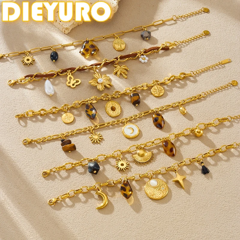 DIEYURO 316L Edelstahl Goldene Sonne Blume Inlay Perle Leopard Muster Acryl Anhänger Armband Dame Klassische Melard Schmuck