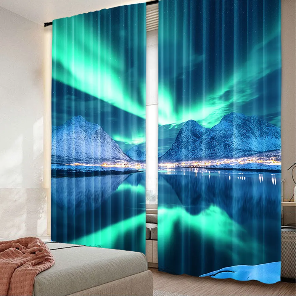 2Pcs Arctic Polar Scenery Curtains Arctic Snow-Capped Mountains Lake Scenery Aurora Curtains Norway Winter Landscape Polar