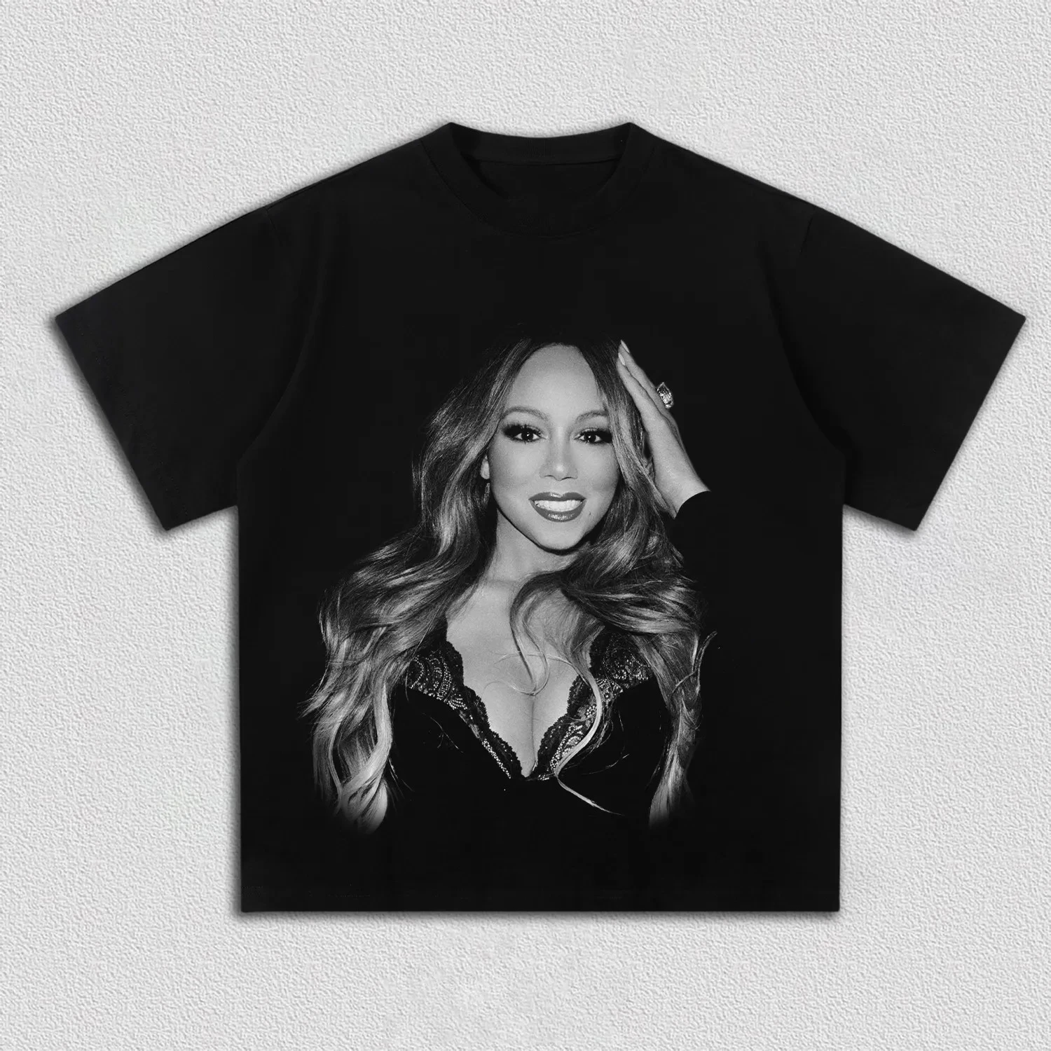 Camiseta Gráfica Retrô Mariah Carey Preto e Branco com Retrato, Unissex, Algodão, Manga Curta, Estilo Streetwear