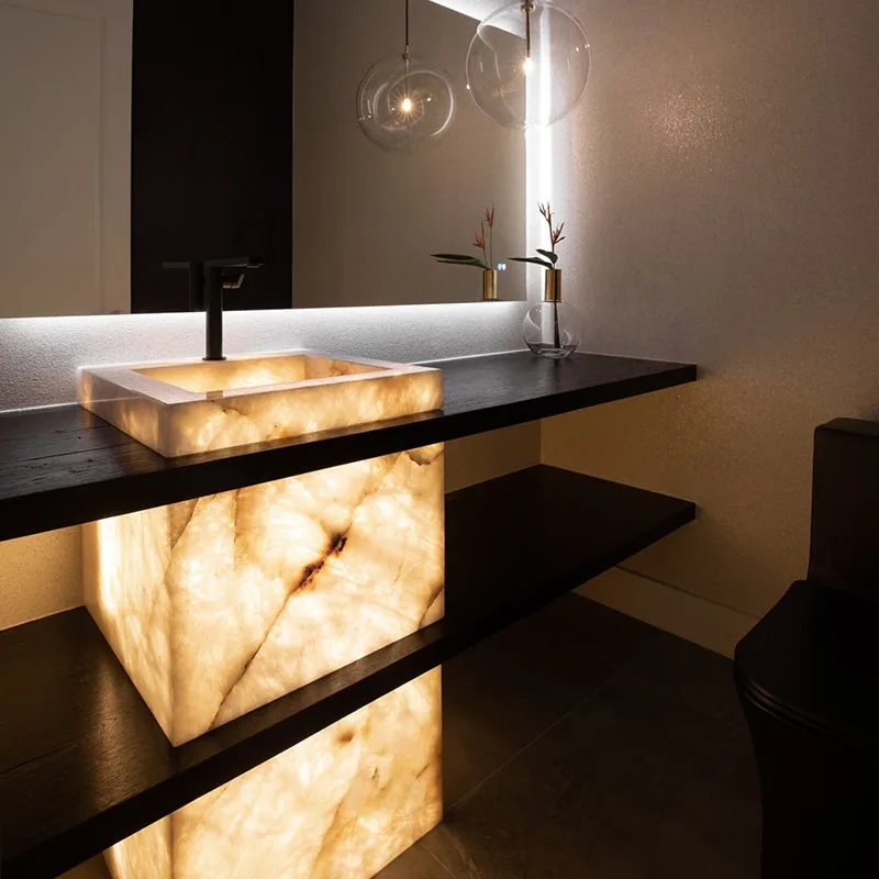 

Modern backlit agate marble vanity quartz stone white iceberg agate basin washing stone sink marble pedestal sink