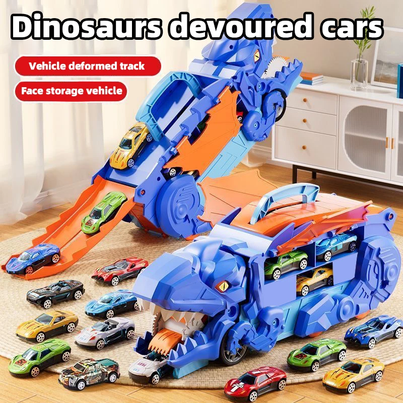 Tyrannosaurus Dinosaur Feeding Track Toy, Transforming Alloy Track Vehicle, Boy's Birthday Gift Car Model Tabletop Game