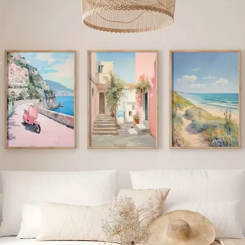 

3pcs Pink Italian Amalfi Coast View Bedroom Living Room Corridor Wall Art Retro Beach Scene with Motorcycle Seaside Home Decorat