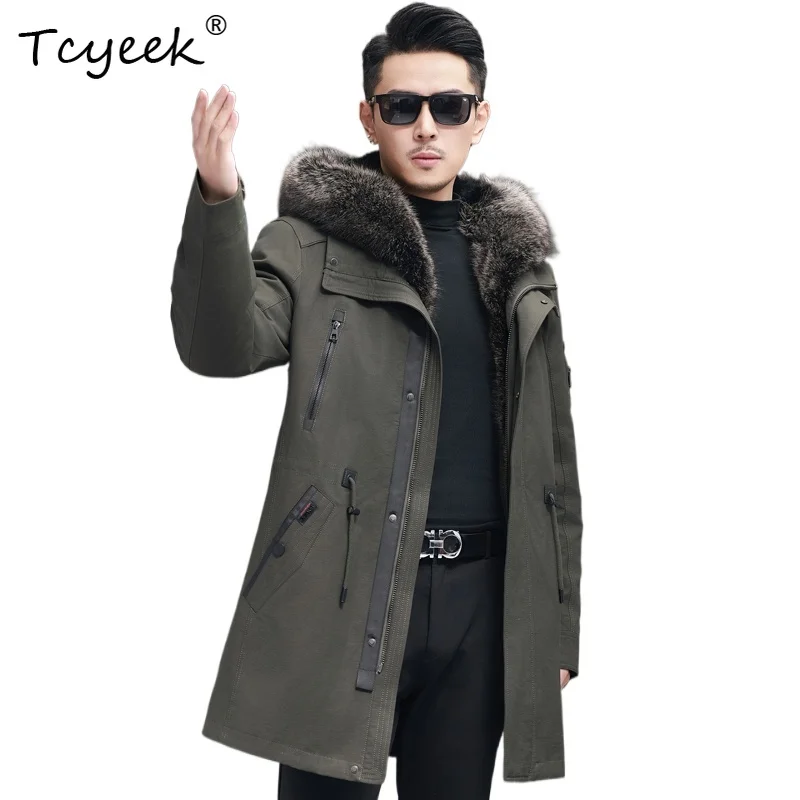 

Tcyeek Норковая внутренняя подкладка из овчины Осень-зима Высококачественная модная повседневная мужская парка средней длины с капюшоном Куртка Puchowa Męska