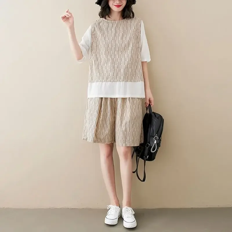 Cotton Linen T Shirt Sets Women Summer Fashion Casual Striped Stitching Short Sleeve T-shirt Wide-leg Shorts Sports 2 Piece Suit