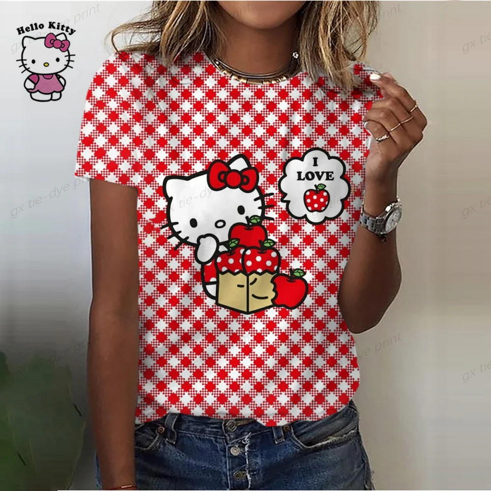 Hello Kitty Cartoon Print T Shirt Women Kawaii Graphic Shirts Casual Short Sleeved Colour Female Tee O-neck Harajuku T-shirts