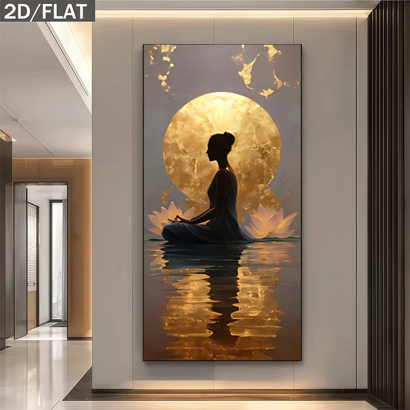 

2D Flat Modern Abstract Meditative Woman Canvas Wall Art Frameless Golden Moon & Lotus on Water Prints for Living Room Decortion
