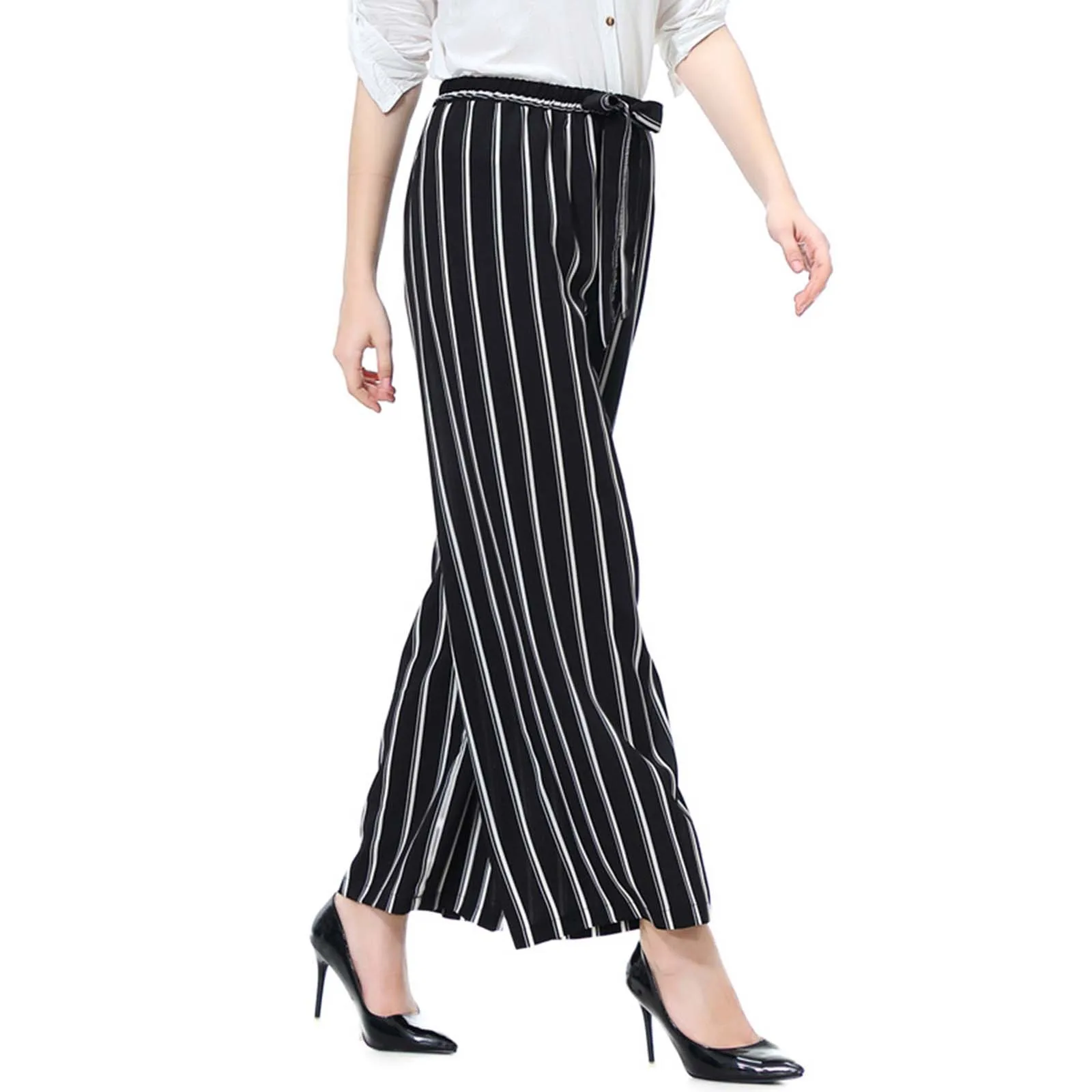 

Female Business Wide Leg Trousers Striped Large Size Refreshing Stretchy Comfy Casual Trousers Office Womens Big And Tall Pants