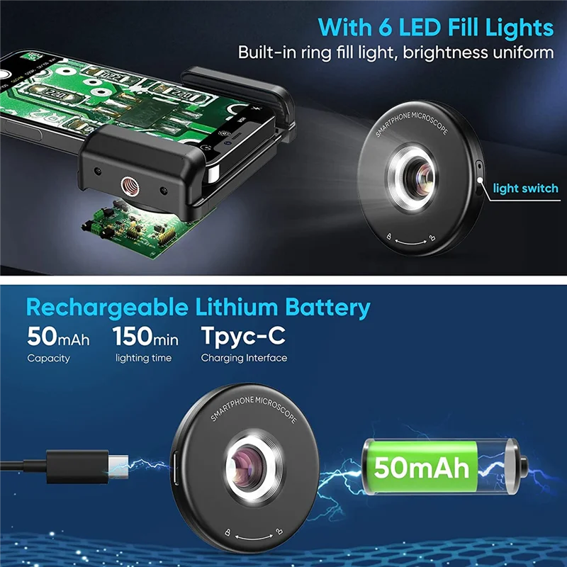 AD41-Phone Macro เลนส์,100X กล้องจุลทรรศน์ไมโครกล้อง LED Light CPL กระเป๋ามือถือ,ใช้งานร่วมกับสมาร์ทโฟน
