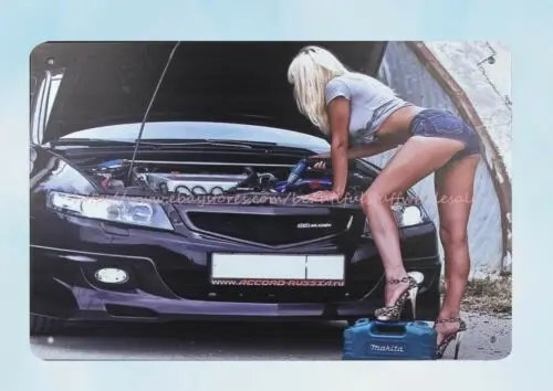 sexy women car checking metal tin sign wall decoration store