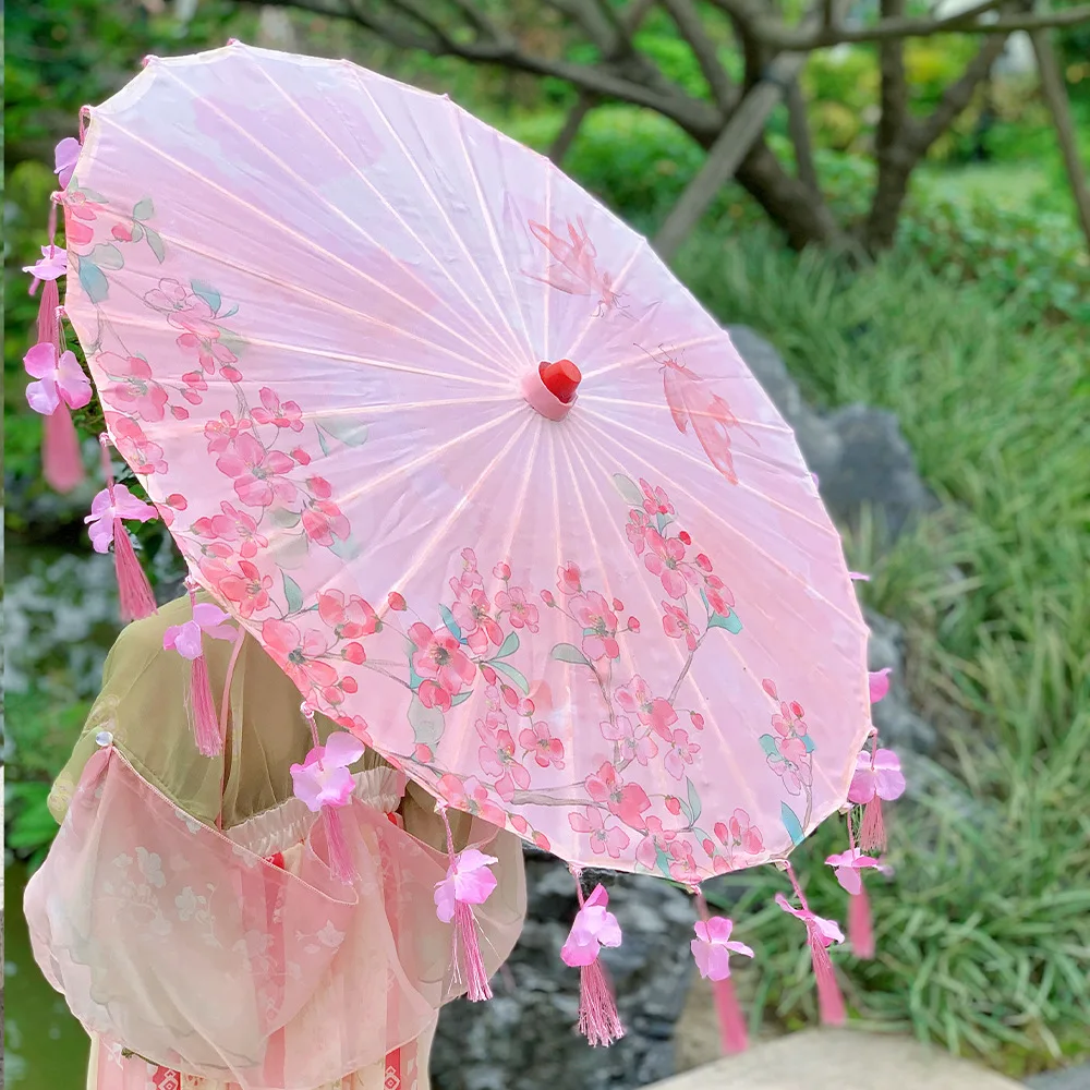 Cosplay Petal Tassel Umbrella, Small Children's Dance Hanfu Props Decoration Photography Umbrella, Qipao Hanfu Oil Paper Parasol