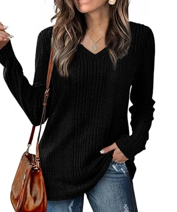 

Solid color pit stripe knitted V-neck long sleeved T-shirt top for women's fashion casual 2024 autumn new women's clothing
