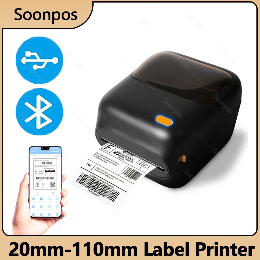 

Soonpos Shipping Barcode Waybill Printer 4 Inch Adhesive Thermal Sticker Label Maker 20-110mm Width Paper House USB Bluetooth