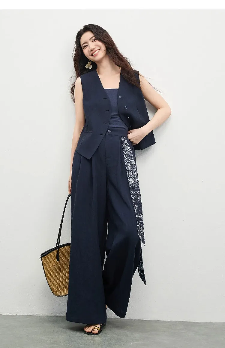 SENTUBILA Office 2 Piece Pant Set 2026 Women Linen Blend Summer Suit V Neck Waistcoat Wide Leg Baggy Pant Print Scarf 162ZA5663Z