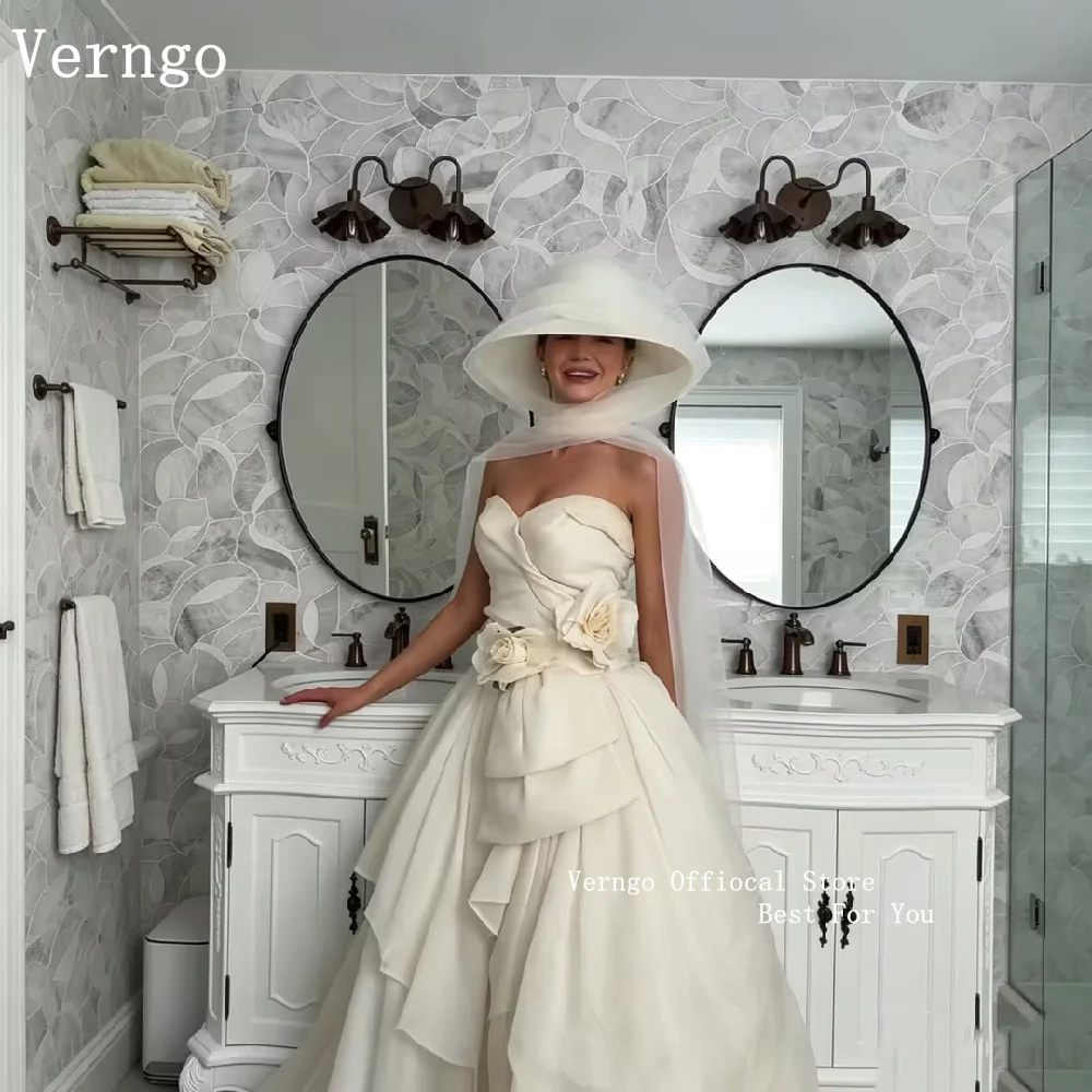 

Verngo Elegant Strapless Satin Wedding Dress Pleated Ruffle Tiered A Line Bridal Gown No flowers Bride Dress Customized