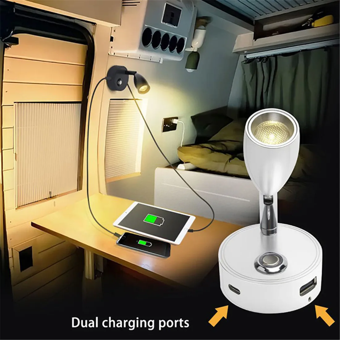 Dual USB Charging Ports 12V LED Reading Light RV Touch Dimmable Reading Lamp 3 Color USB C Charger 24 Volt Swivel Spotlight