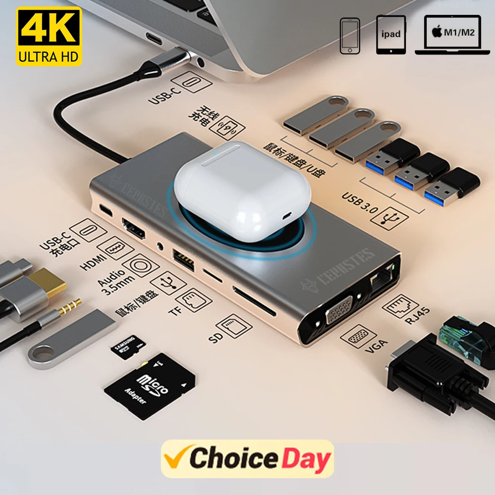 USB C HUB 4K 30Hz Type C to HDMI-compatible USB 3.0 Adapter 11 in 1 Type C HUB Dock PD 87W USB C Splitter for MacBook Pro Air