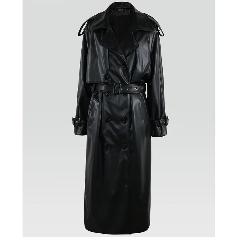 2023 neue Frauen Gürtel Zweireiher lose Luxus Mantel Frühling Herbst lange coole schwarze Pu Leder Trenchcoat lange warme Jacke