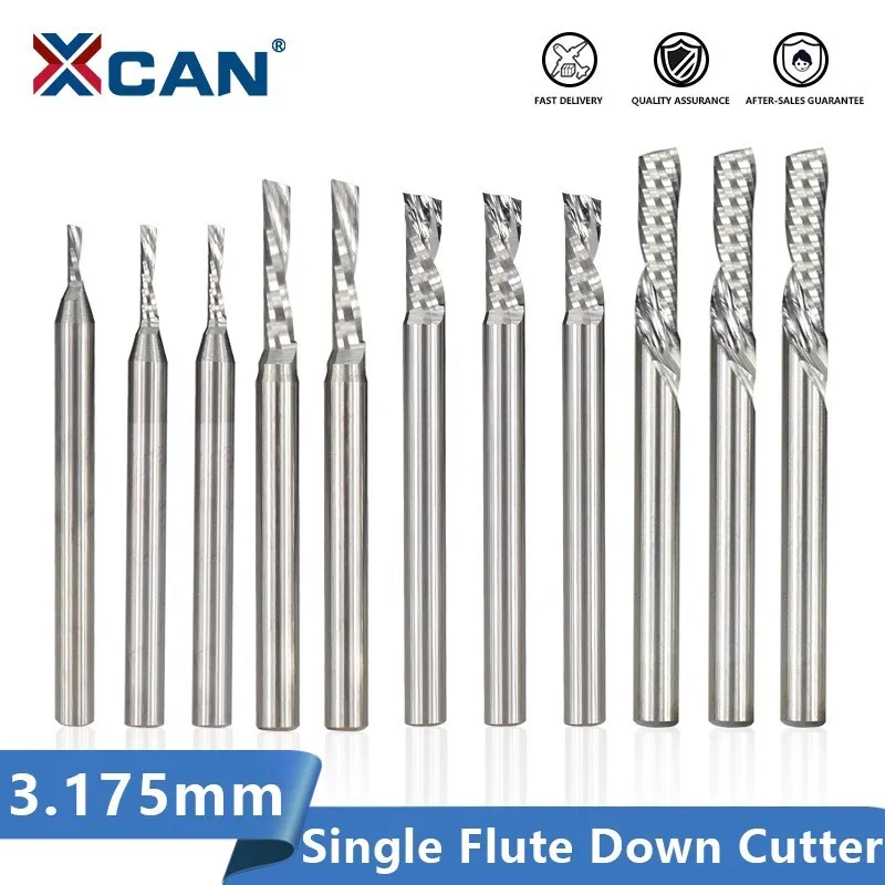 XCAN CNC Router Bit AAA Single Flute Down Cut Spiral End Mill 3.175/5mm Shank Carbide Milling Cutter for Wood Acrylic PVC