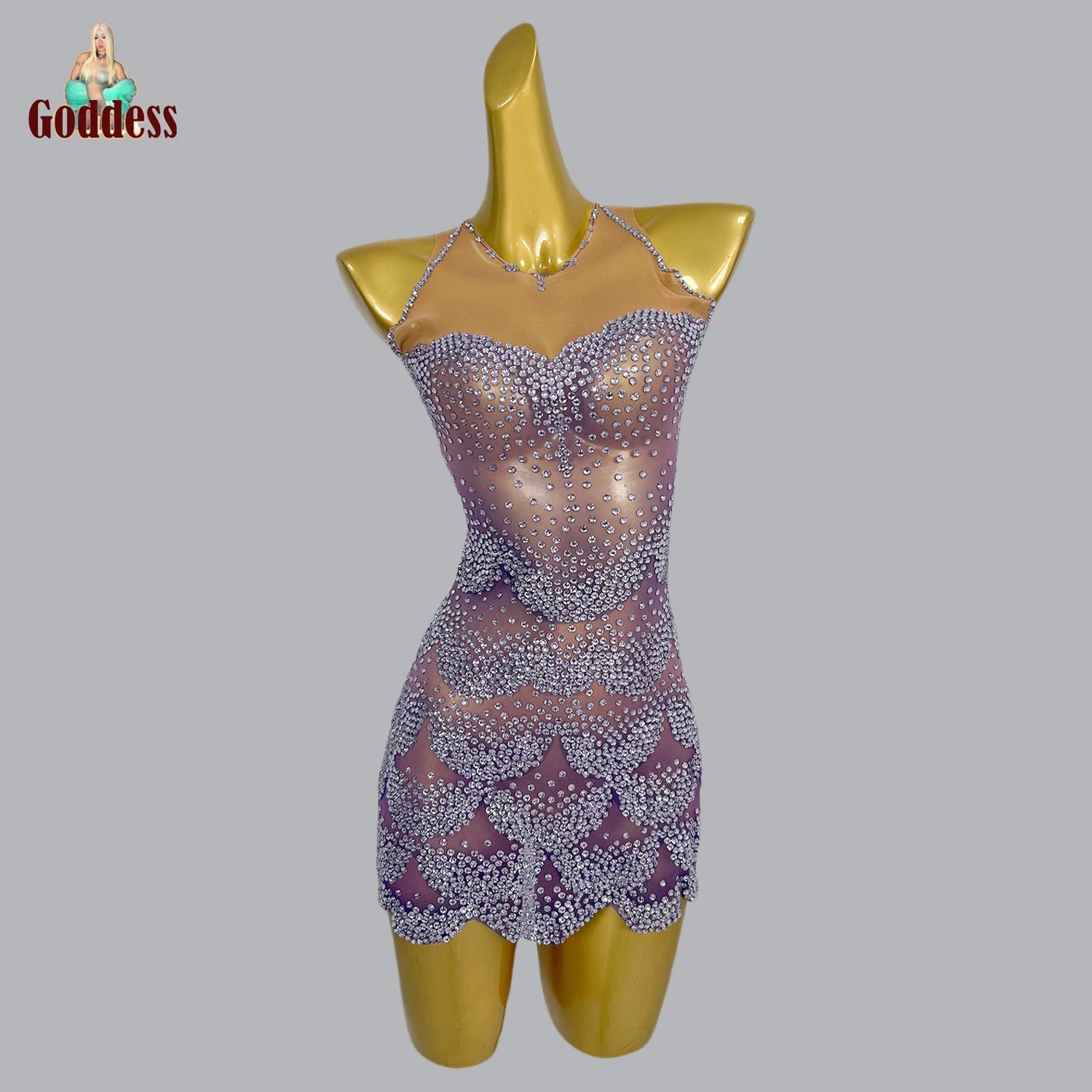 

Fancy Rhinestones Purple Bodycon Dress Sexy Sleeveless Sheer Mesh Party Prom Celebrate Birthday Mini Dress for Women Stage Wear