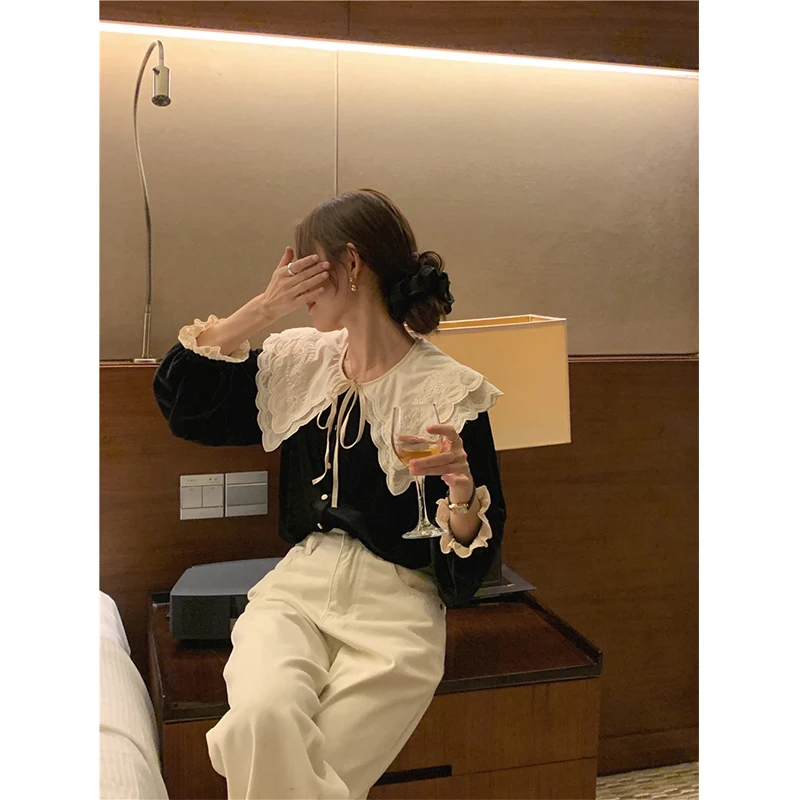 Vintage Black Velvet Shirts Women Elegant Lace Patchwork Blouses Office Ladies Korean Bandage Long Sleeve Loose Chic Tops New