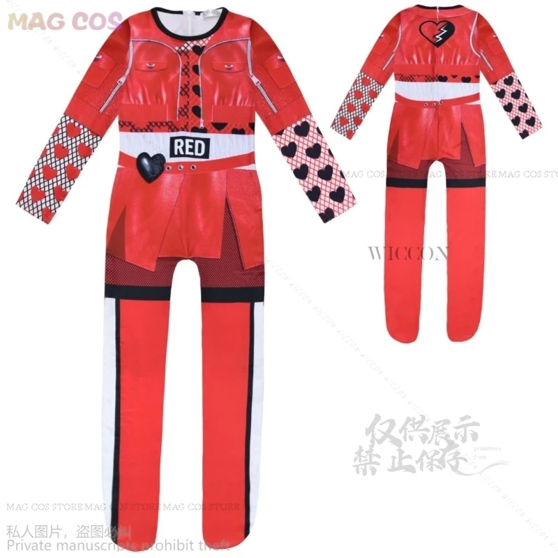 Anime Descend4ants Red Costume For Kid Rise Of Red Girls Red Chloe Cosplay Jumpsuit Wig Gloves Children Halloween Party BodySuit