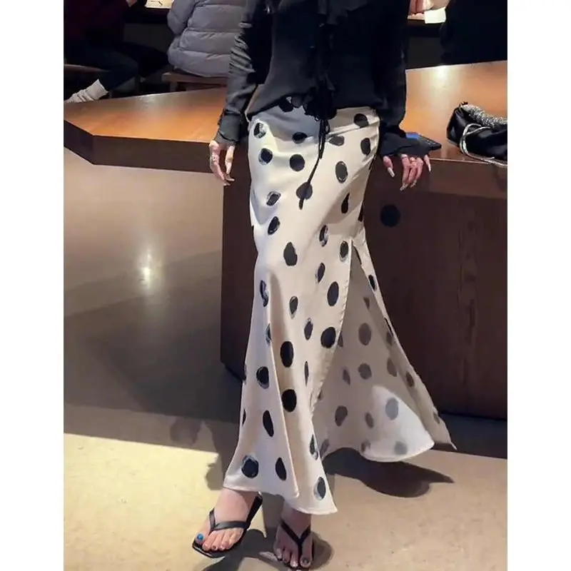 

Temperament Polka Dot Print Elastic Waist A-line Skirt Summer Slit Hem All-match Elegant Long Dress Fashion Trend Women Clothing