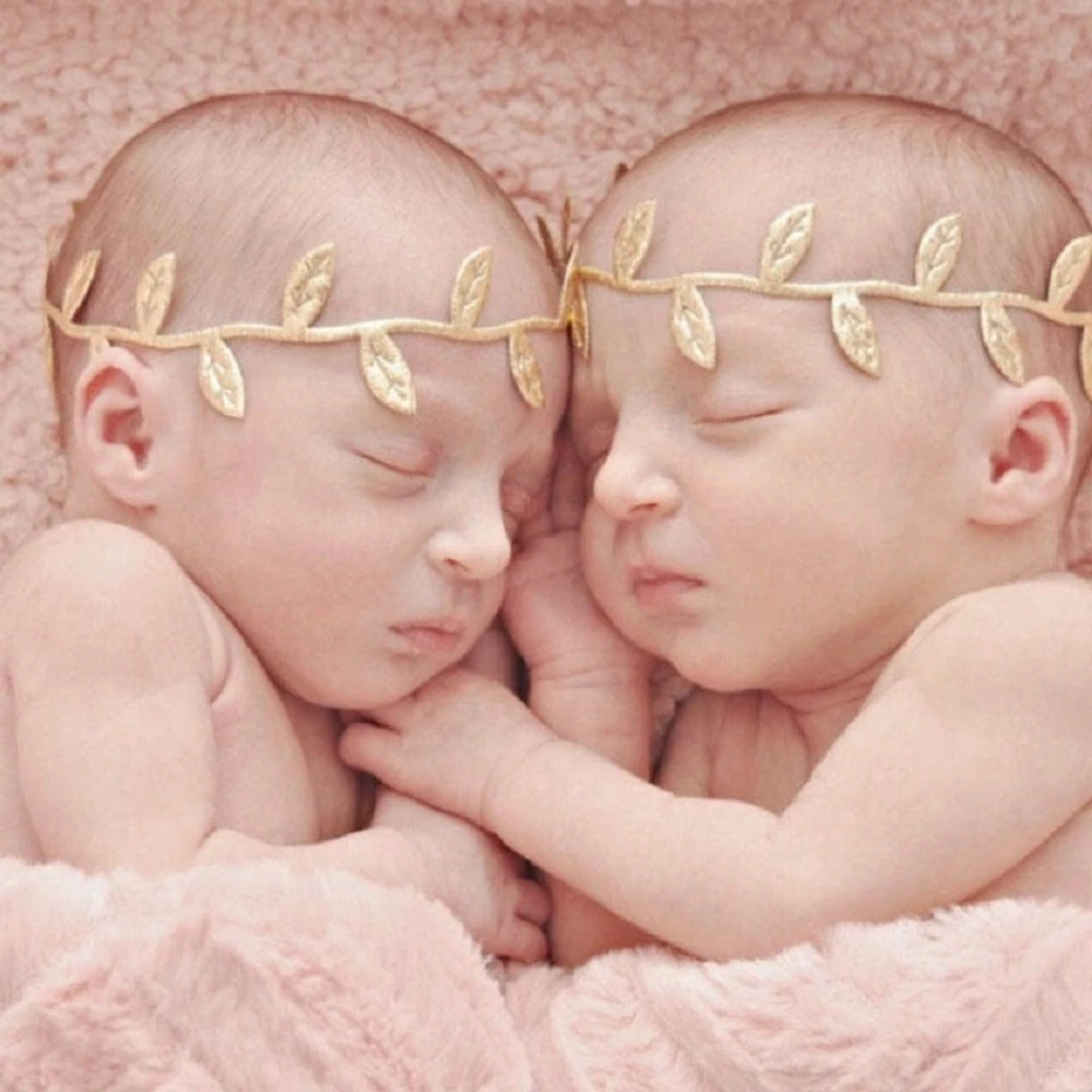 2PCS Gold with Silver Color Leaf Baby Kids Elastic Headbands Girls Newborn Infant Toddlers Headwear Photography Props Gifts