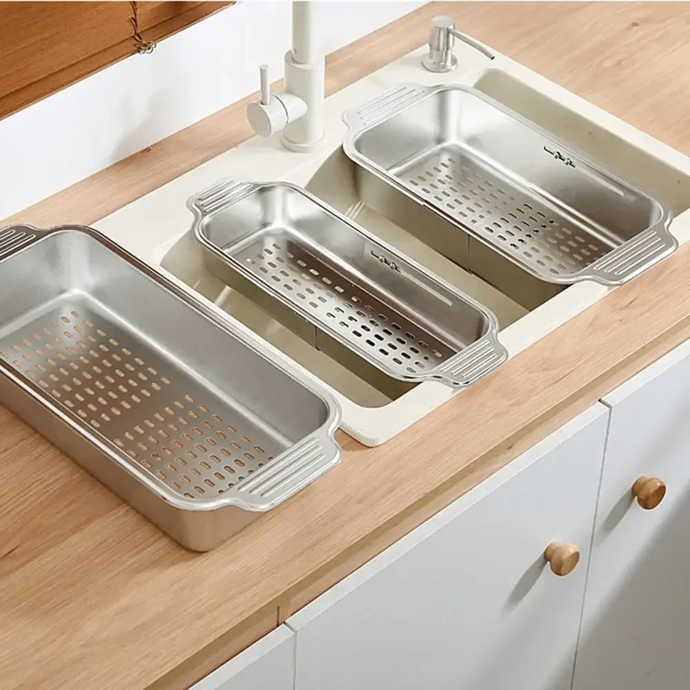 Retractable Vegetables Drain Basket Thickened 304 Stainless Steel Extendable Dish Drainer Drain Hole Bottom Multipurpose