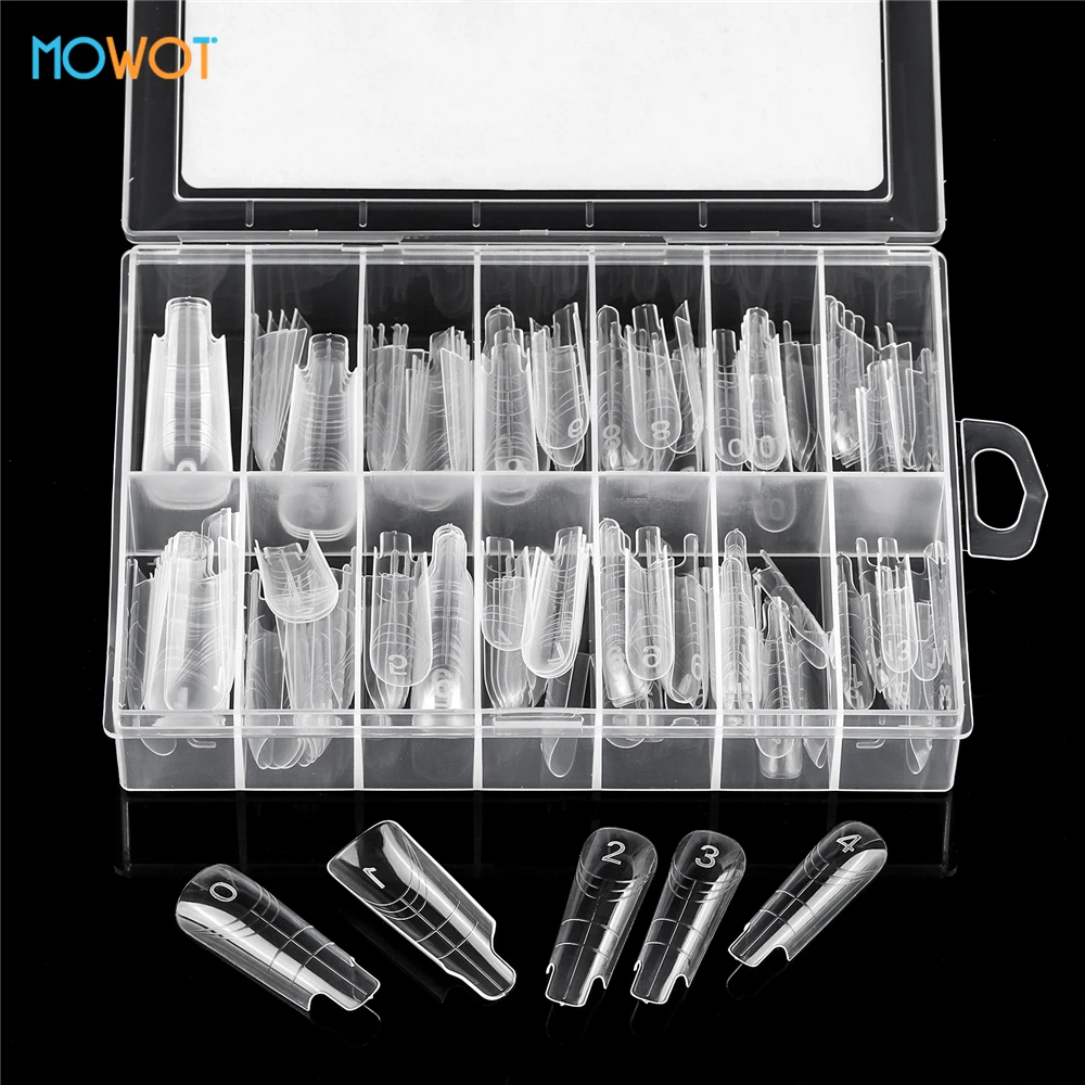 MOWOT Nail Dual Forms 140pcs/box Clear Acrylic Reusable False Nail Tips Nail Molds for Poly Extension Gel 14 Sizes Nail Top Form