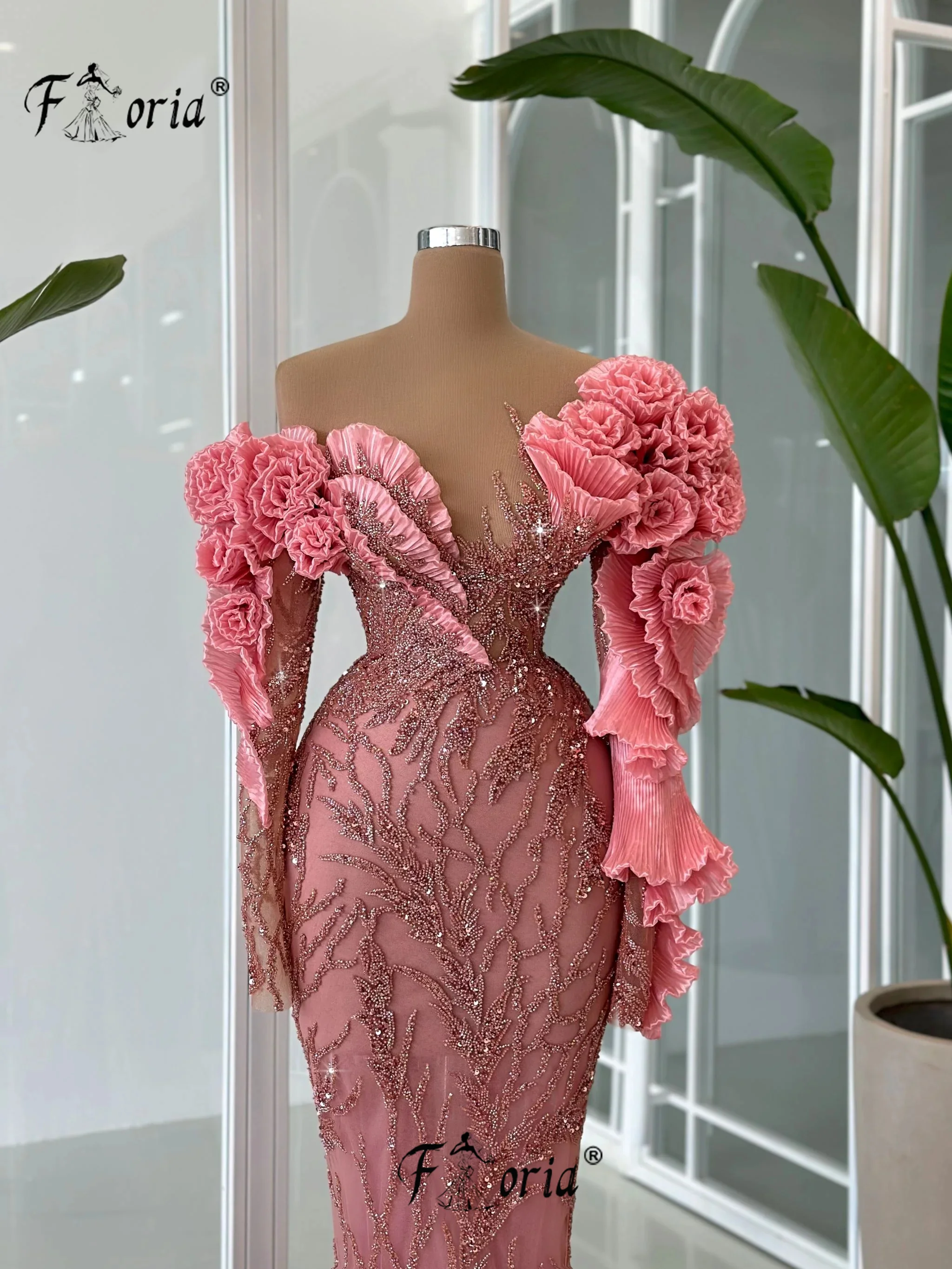 Gorgeous Pink Beaded Mermaid Evening Dress Large Floral Ruffles Off the Shoulder Long Sleeves Formal Occasion Dresses Weddings