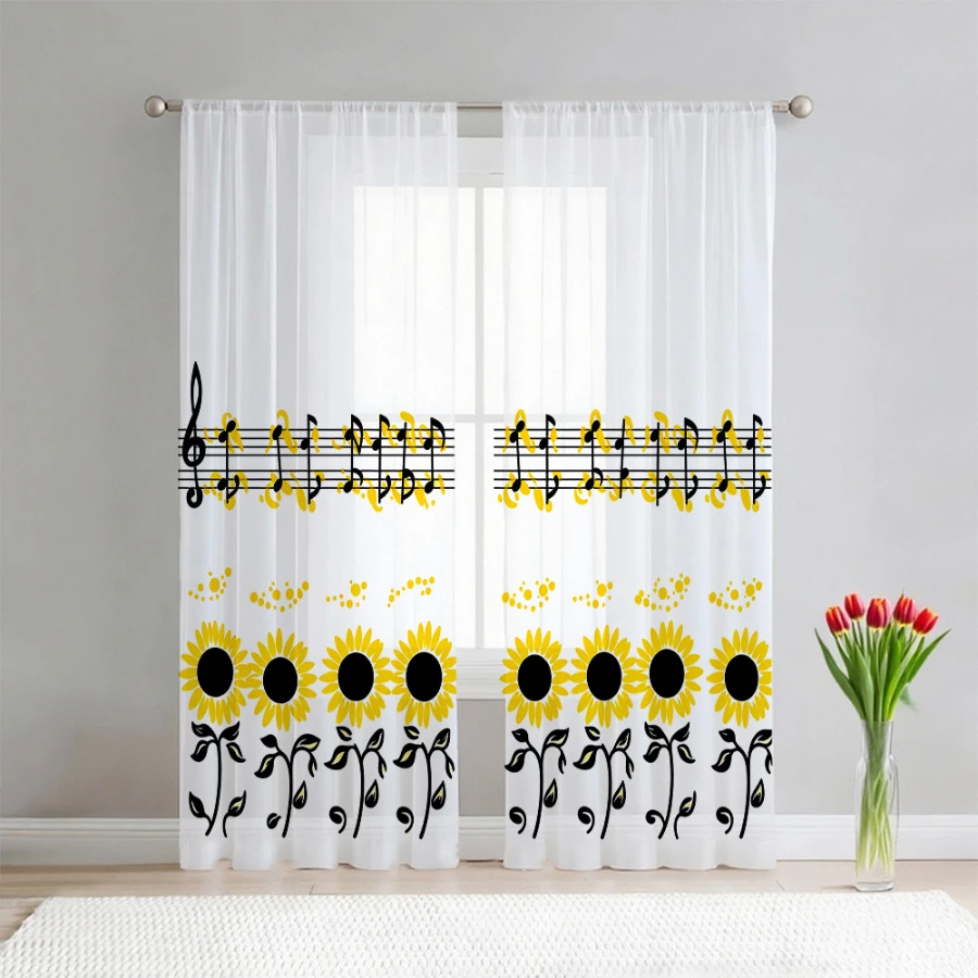 2PCS Digital Print Sheer Curtain, Sunflower Music Note, Vintage Floral Window Curtains for Living Room Bedroom Home Decor