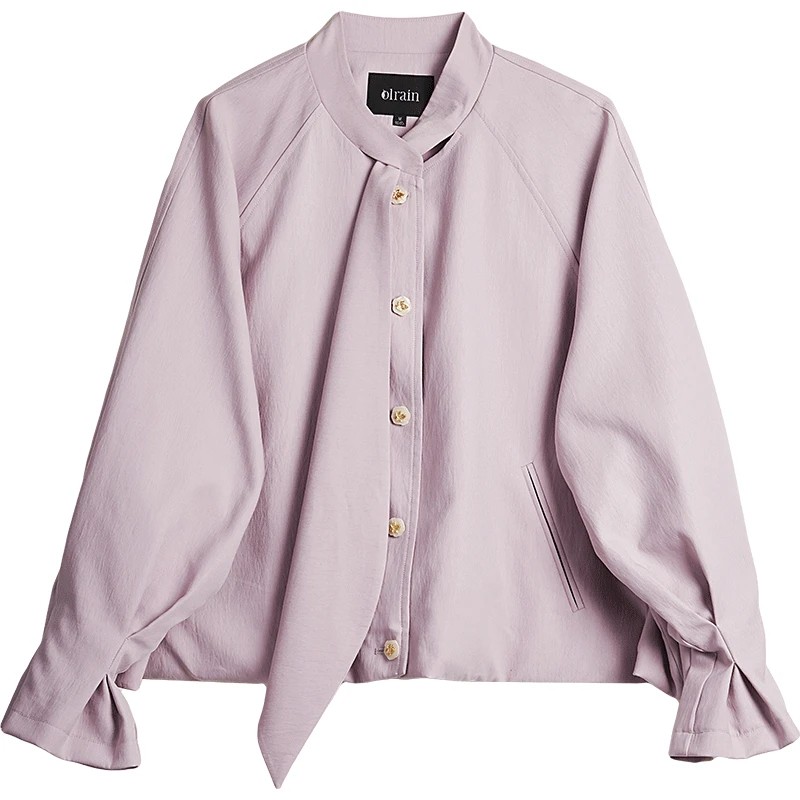 OLrain 女性用スポーツジャケット スタンドタイ フロントネック ルーズ レディース ショートコート 春 2026 エレガント プリーツスリーブ トップス GO58CW003008