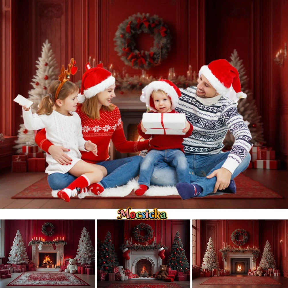 

Mocsicka Christmas Photography Backdrop Red Vintage Wall Fireplace Xmas Tree Carpet Family Portrait Photo Background Shoot Props