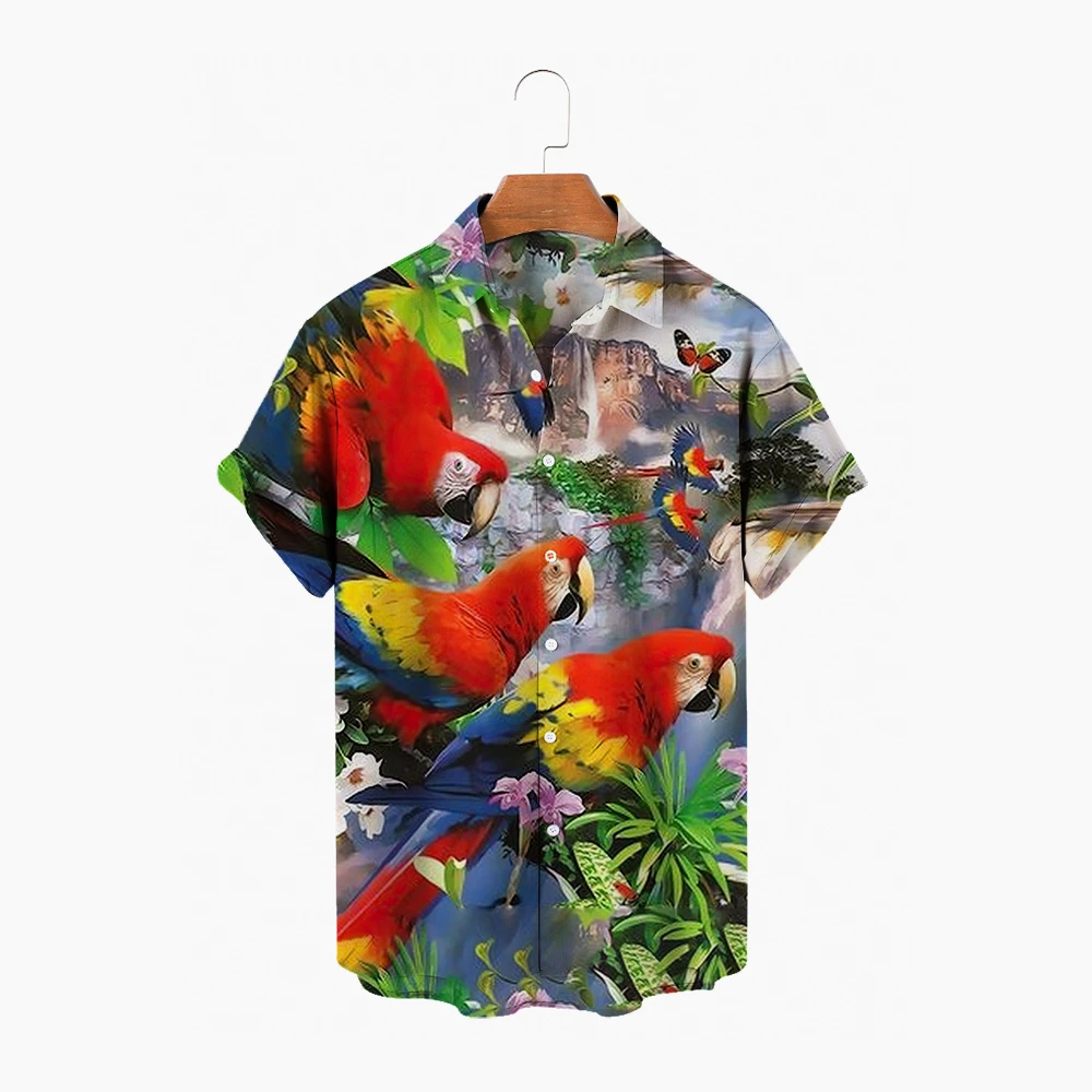 Hawaiian Men\'s Short Sleeved Shirt, Open Neck, Single Button, Parrot And Animal Print, Fashion, Beach Top, Summer 2024