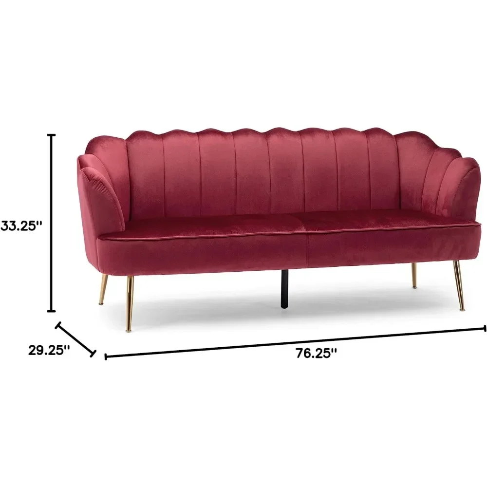 Channel Stitch 3 Seater Shell Sofa - Velvet - Berry Red/Gold