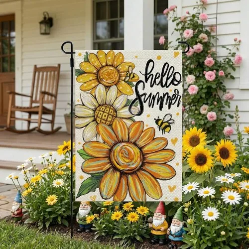 Hello Summer Garden Flag, Sunflower Bumble Bee Floral Outdoor Yard Decor YYZ