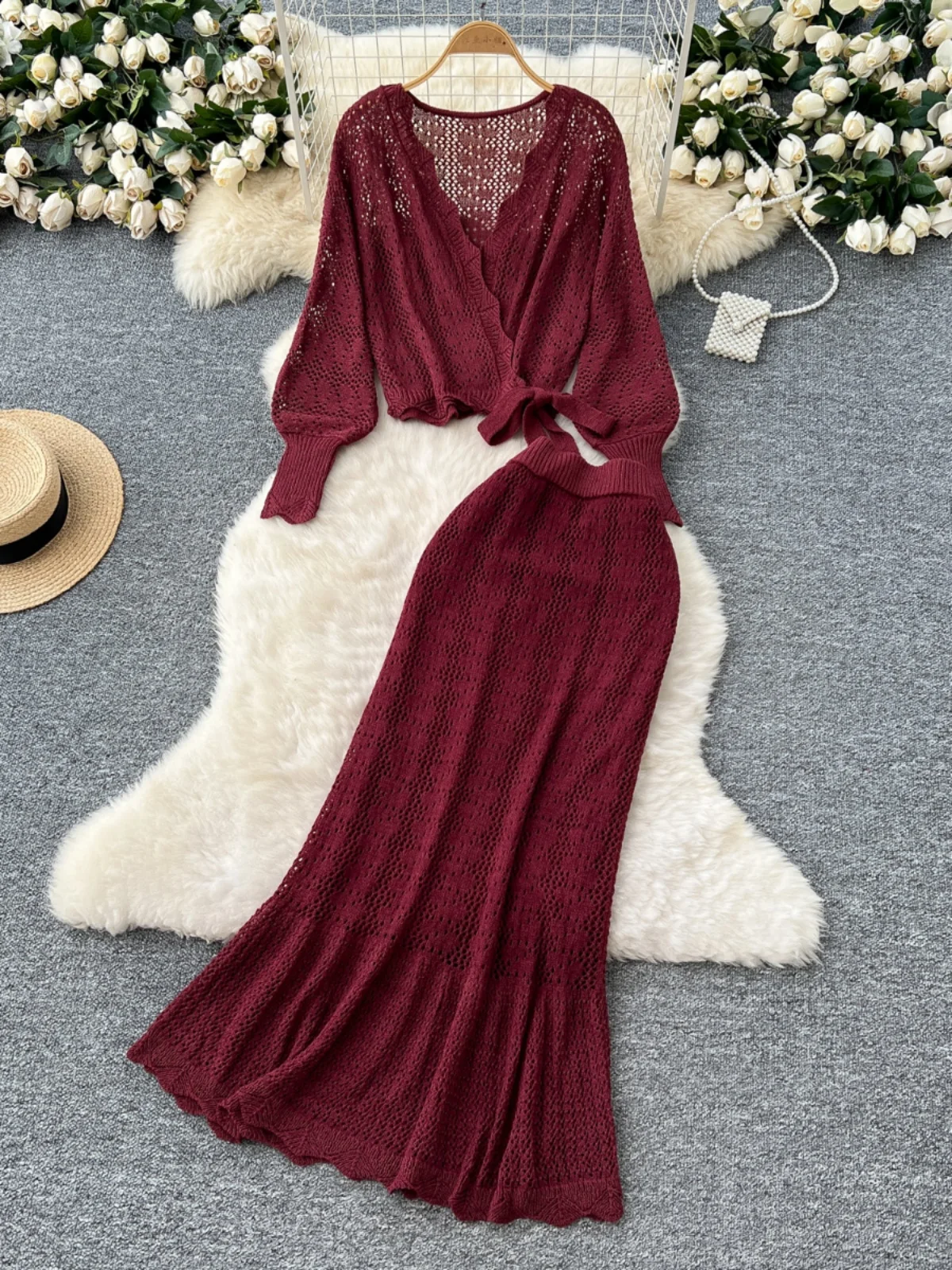 

Soft Style Women's Knitted Wrap Waist Hollow out Top High Waist Bodycon Skirt Fashionable Casual Wear for Young Ladies