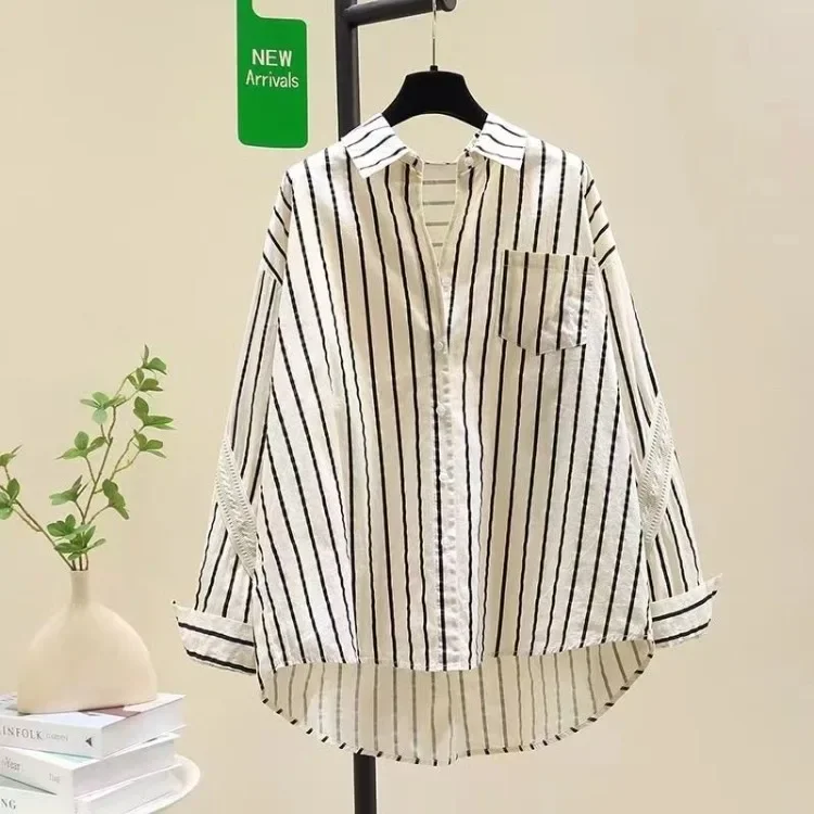 

All-match White Black Striped Shirt For Women Spring Autumn New Lapel Neck Blouses Y2k Long Sleeve Loose Blusas De Mujer