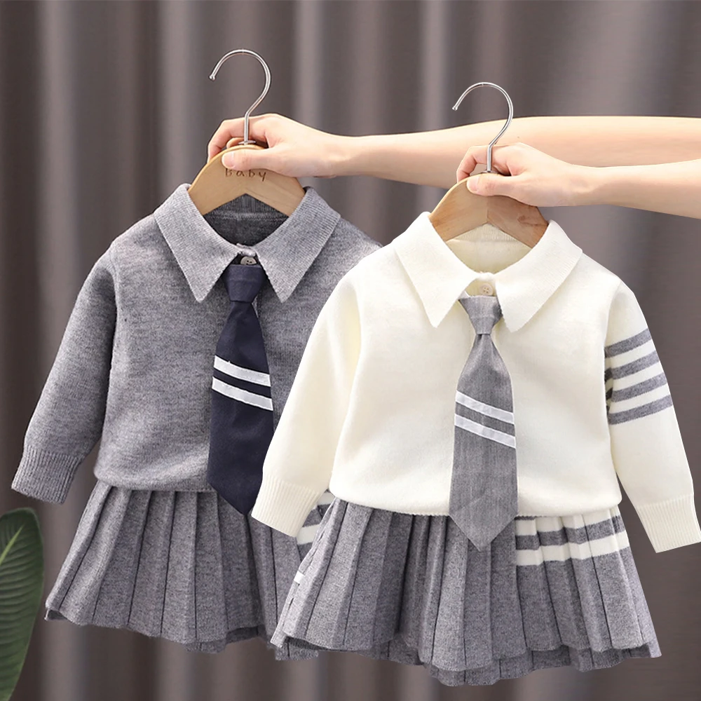 

Детский вязаный комплект одежды с верхом и низом из 2 предметов, комплект свитеров для девочек, детская осенняя одежда для девочек, повседневная верхняя одежда для учащихся начальной школы