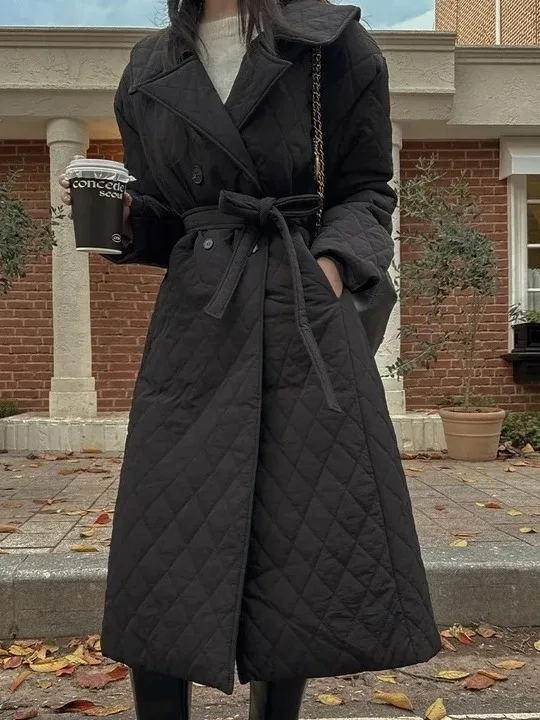 

Женское шикарное зимнее пальто, двубортное стеганое хлопковое пальто, теплое Sli Commute Faion, длинный свек, темно-синий воротник