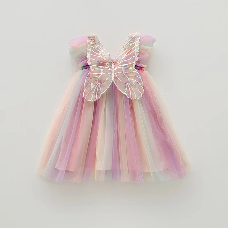 Rainbow Wings Mesh Girls' Summer Flounced Sleeve Baby Princess Dress Pettiskirt images - 6