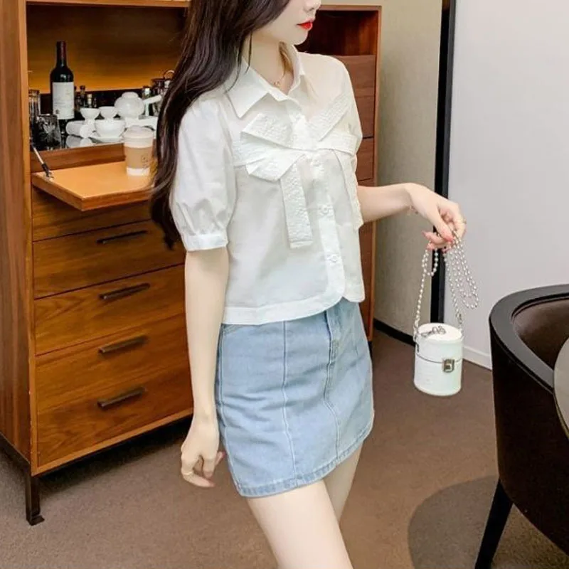 2024 Summer New Women's Blouse Solid Color Polo-Neck Button Spliced Bow Fashion Sweet Loose Puff Sleeve All-match Shirt Tops