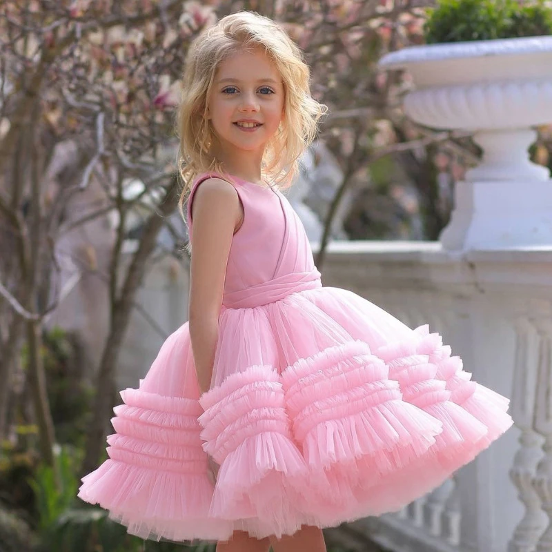 2023 Pink Puffy Cake Party Dress for Baby Girl Christmas First Baptism Lace Bow Princess Dresses Kids Tutu Birthday Wedding Gown